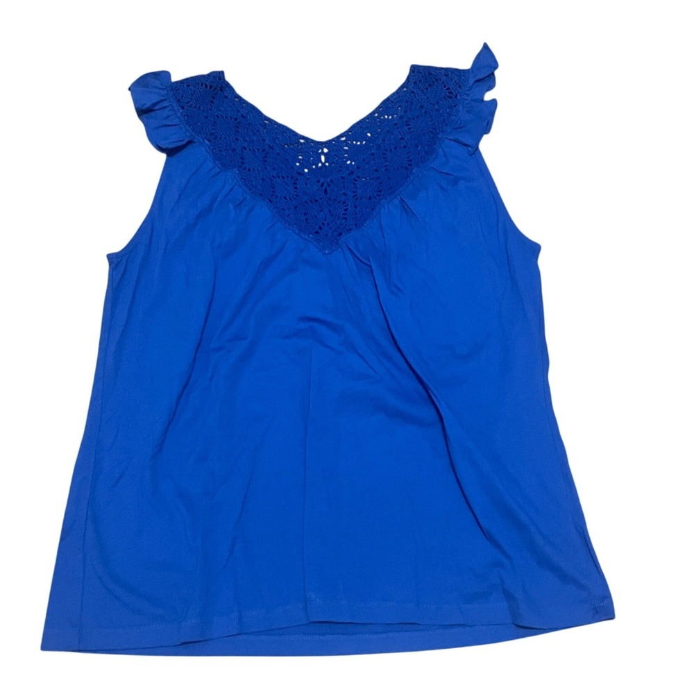 Lauren Ralph Lauren Women's L Blue Cotton Crochet Lace Ruffle Sleeveless Top NWT
